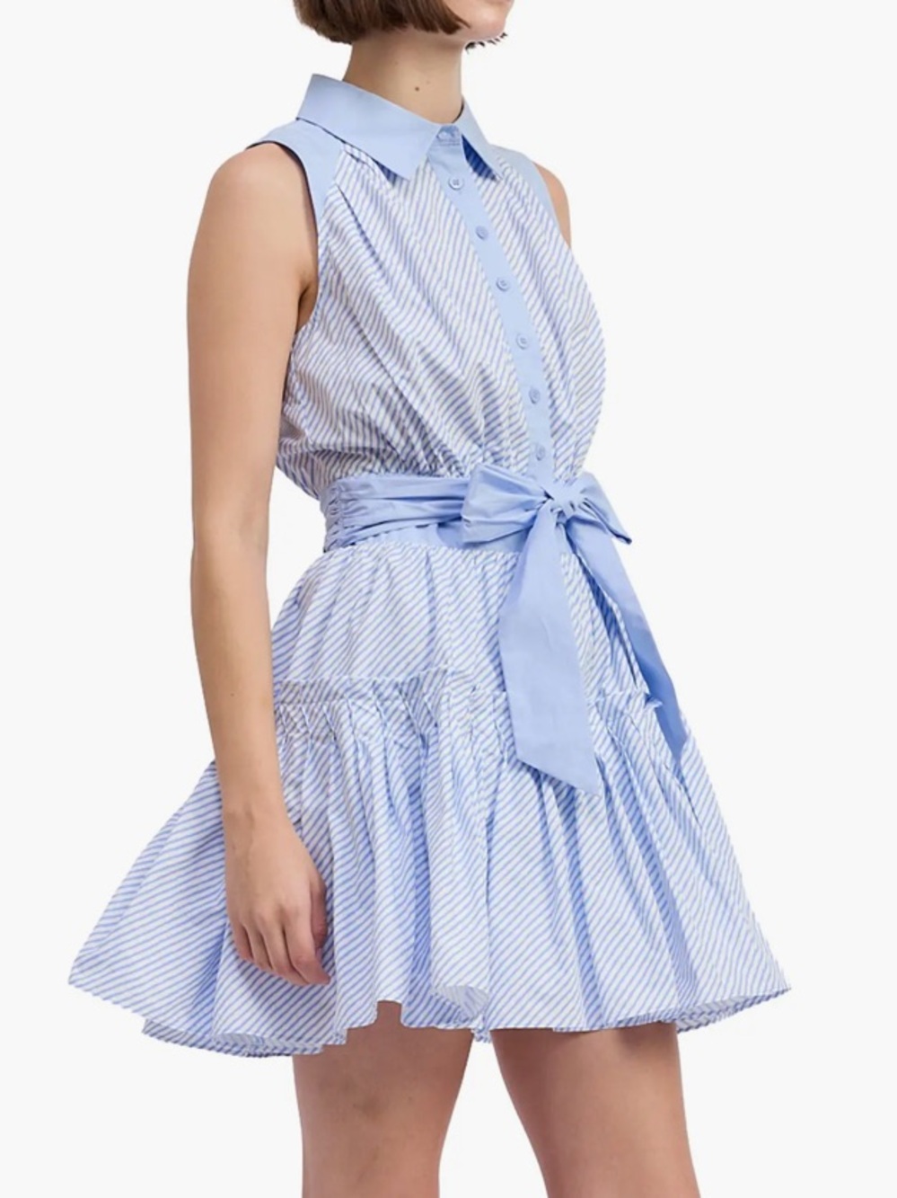 Sleeveless Light Blue Striped Tie-Waist Dress - Picture 3 of 5